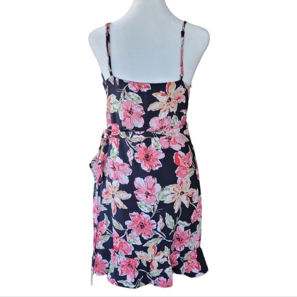 Lulu's Floral Print Ruffled Wrap Mini Dress Black Pink Medium - Picture 3 of 6